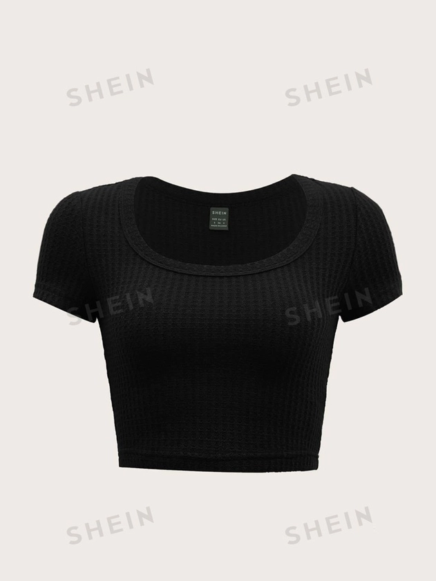SHEIN EZwear Summer  Outfits Solid Crop Textured Knit Tee