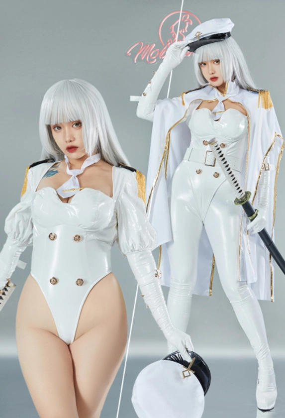 Miccostumes x Mobbunny x Chowbie Inquisitor Sexy Lingerie Set Halloween Officer Costume White Bodysuit with Pants Cloak Hat