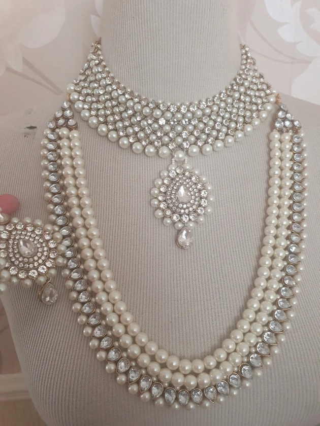 Indian Jewelry Hand Made Bridal Wedding Crystals Pearl Mala Earrings Antique Look Headpiece Teeka Tikka Necklace Choker Combo Bollywood - Etsy UK