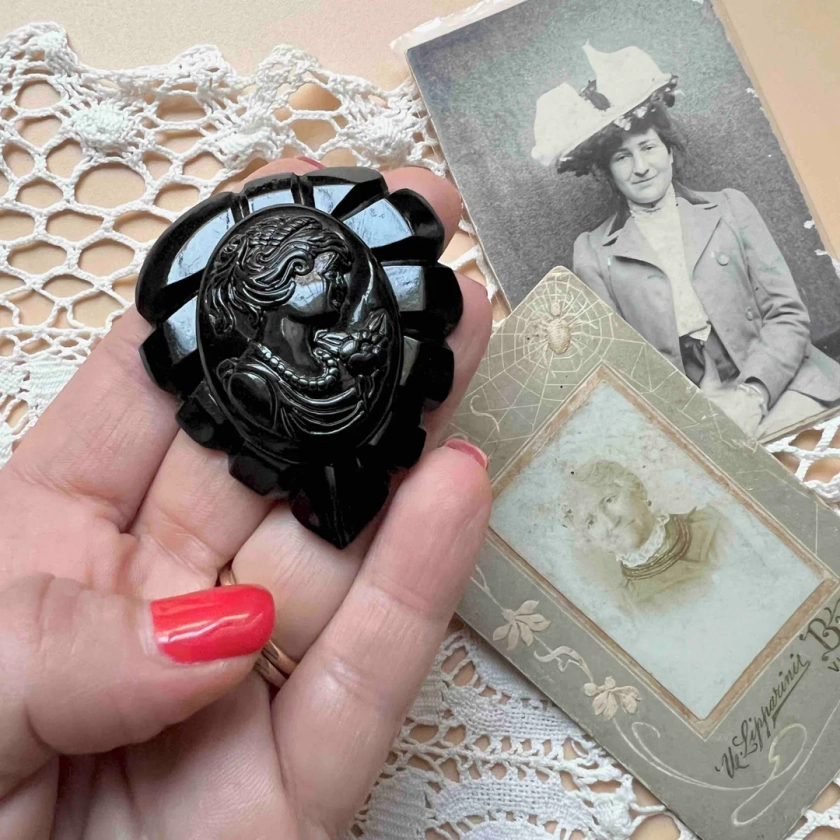 Victorian Mourning Cameo Brooch Whitby Jet Inspired ,fakelite by Mrs Polly's Lucite - Etsy