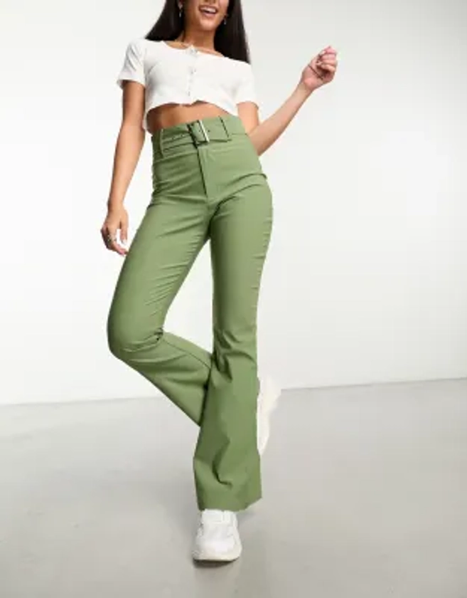 Daisy Street high waisted bengaline trousers with belt in sage co-ord