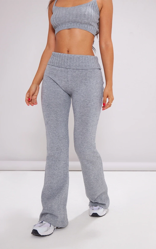Petite Grey Knitted Fold Over Flared Pants