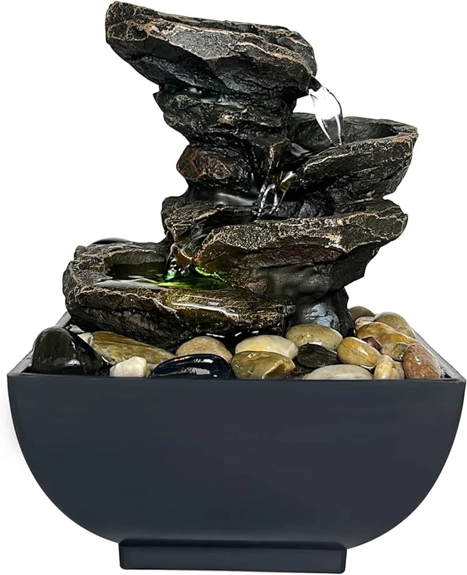 Tabletop Fountain Waterfall Meditation Function with LED Light, 4-Tier Rock Waterfall Fountain Indoor Zen Relaxation Desktop Fountain for Home Decoration (4-Tier)
