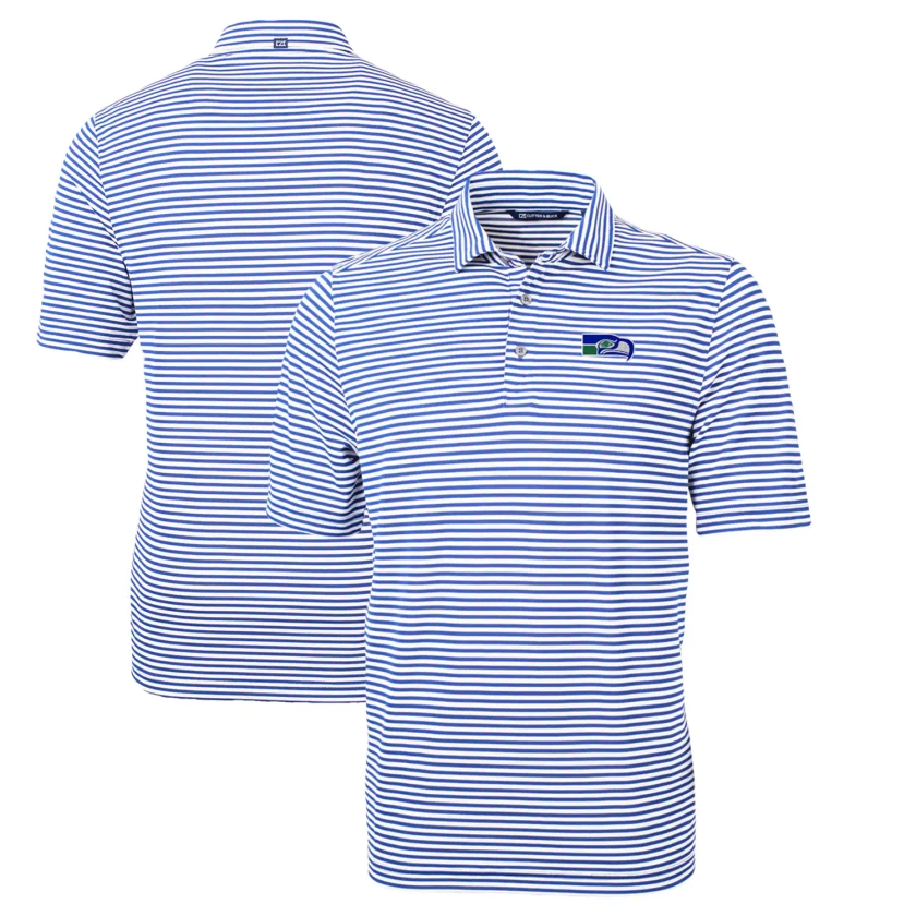 Men's Cutter & Buck Blue Seattle Seahawks Throwback Logo Virtue Eco Pique Stripe Recycled Polo