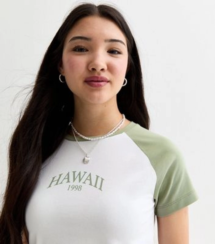 Girls White Hawaii Print Raglan T-Shirt