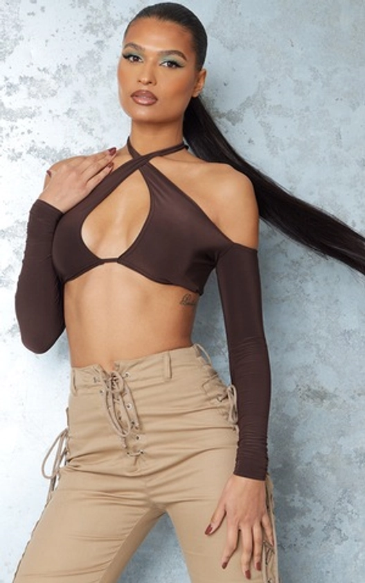 Chocolate Slinky Cold Shoulder Crop Top