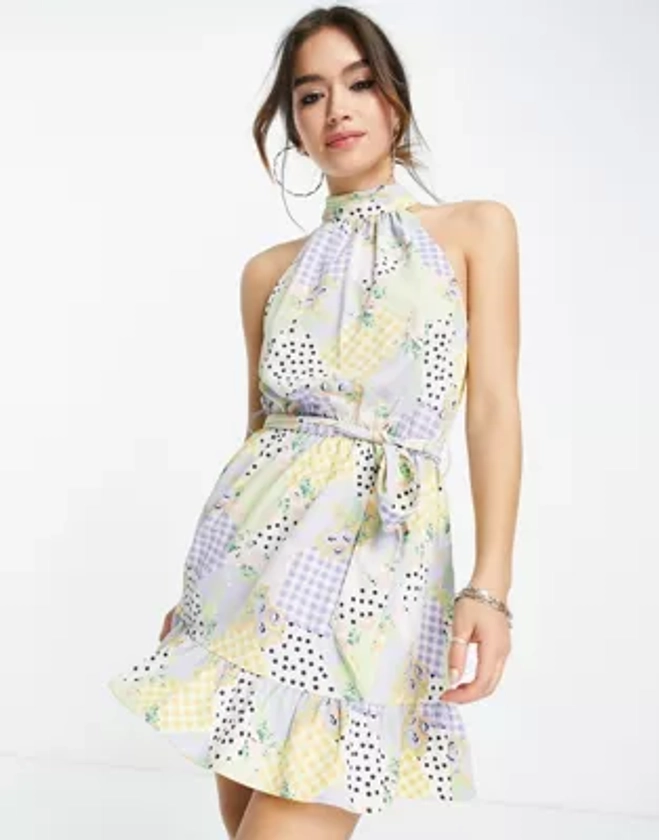 ASOS DESIGN halter neck mini dress with a belt in splice print