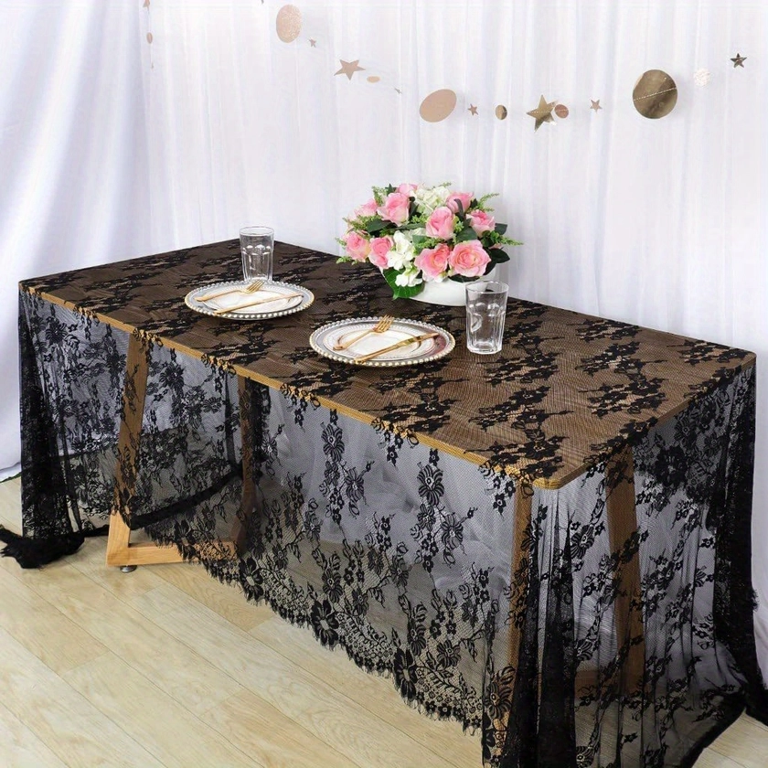 1pc, Black Tablecloth, Lace Tablecover, Rectangular Black Embroidered Lace Tablecloth, Thanksgiving Table Cover, Elegant Birthday Table Decoration, Ne
