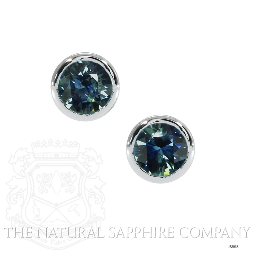 Bluish Green Sapphire Earring - Round 0.80 Ct. - 14K White Gold #J8598