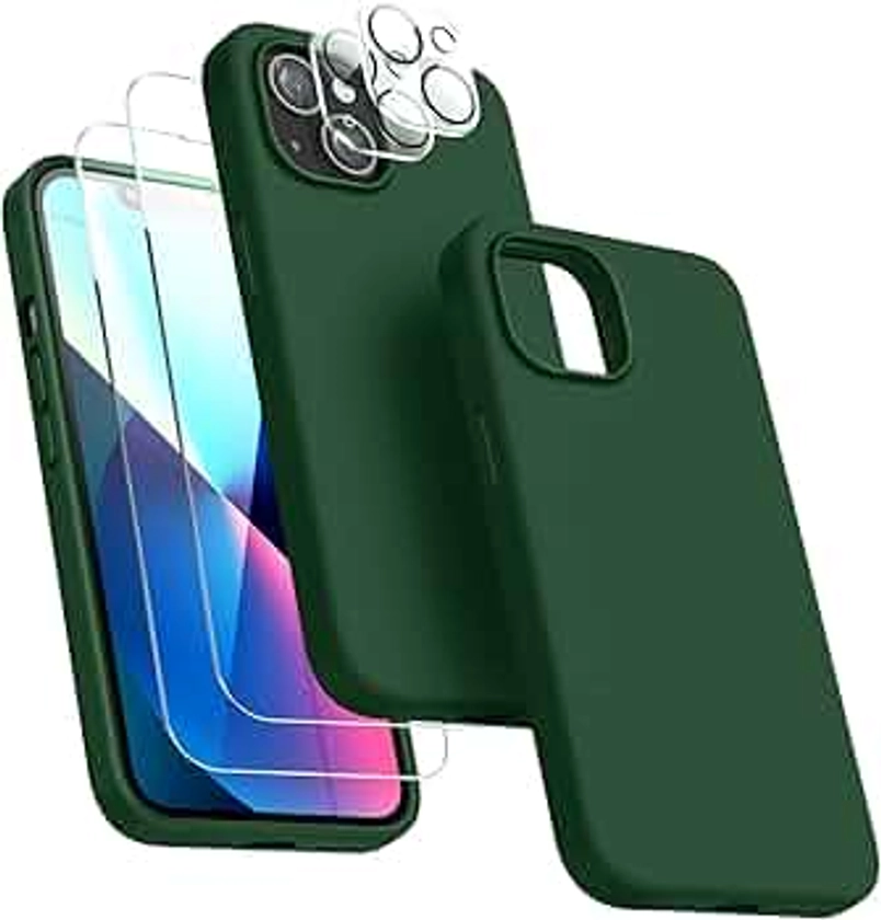 Dssairo [5 in 1 for iPhone 13 Mini Case, with 2 Pack Screen Protector + 2 Pack Camera Lens Protector, Liquid Silicone Ultra Slim Shockproof Protective Phone Case 5.4 inch (Alpine Green)