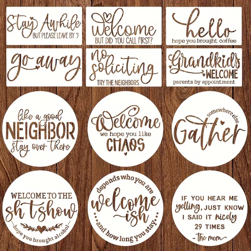 12pcs Funny Welcome Stencils For Painting Sarcastic Round Stencil Large Gather * Templates For Door Hanger, Doormat, Porch Sign, Wreath Eid