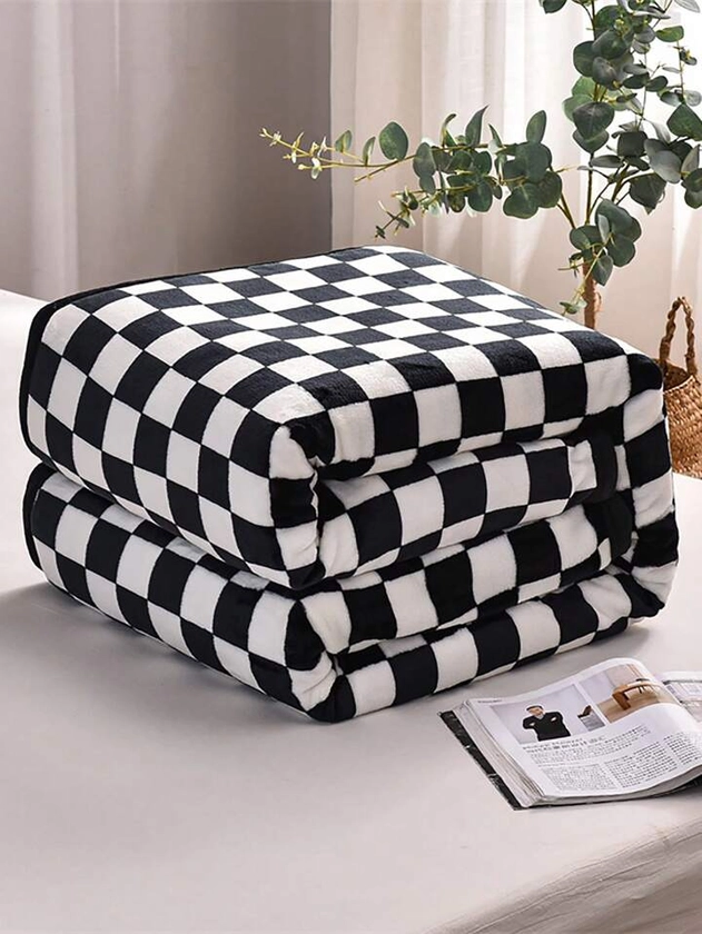 1pc Checkered Pattern Blanket, Modern Woven Fabric Soft & Warm Blanket For Living Room & Bedroom, Home Decor