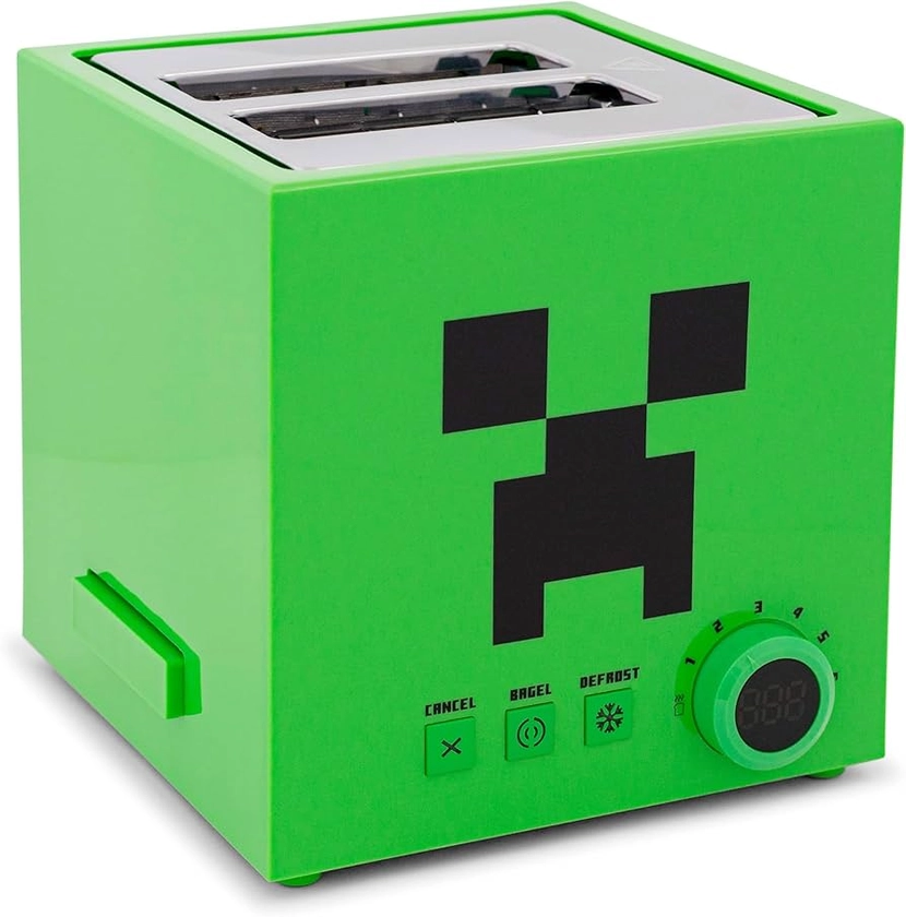 Minecraft Green Creeper 2-Slice Toaster For Bagels, Waffles, and Breads | Features 6 Settings With Defrost Option | Imprints Creeper Symbol On Bread