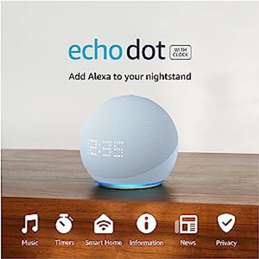 Amazon Echo Dot (5th Gen) with clock | Compact smart speaker with Alexa and enhanced LED display for at-a-glance clock, timers, weather, and more | Cloud Blue