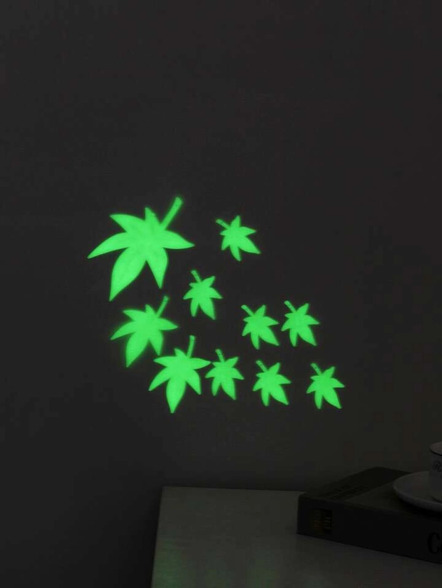 10pcs/set Glow In The Dark Maple Leaf Pattern Wall Sticker, Green Self Adhesive Wall Art Sticker For Home Decor