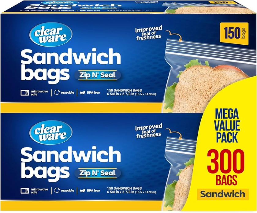 Amazon.com: Sandwich Bags - 300 Count, Resealable Plastic Food Storage Bags For Lunch, Small Snacks - Reusable Zipper Lock Containers for Fruit, Veggies - Freezer & Microwave-Safe, Strong Seal - 2 Boxes : Health & Household
