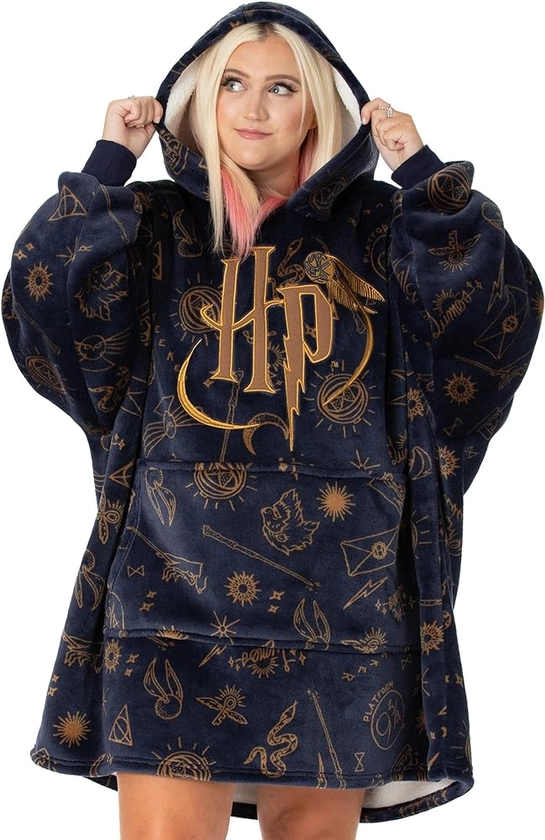 Harry Potter Vuddie Oversized Blanket Hoodie Men Women | Ladies Mens Icons and Logo Fluffy Fleece Pullover Blue