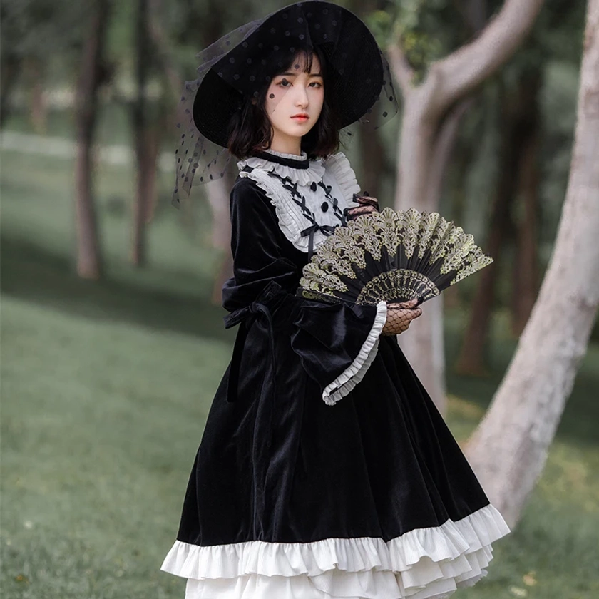 Vestido gótico de palacio para niña, vestido vintage de lolita, estampado de cintura alta, Victoriano, kawaii, lolita OP - AliExpress