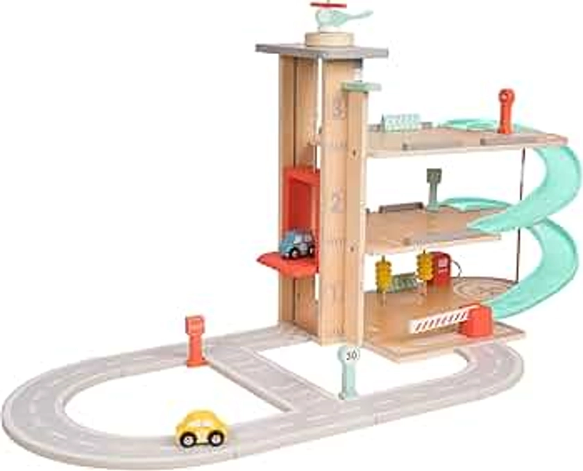 Owl & Fox OF209 Traditional Wooden, Three Tier Garage with Ramps, Petrol Pump, Wash, Parking Barrier, Cars, Helicopter and Accessories, Interactive Imaginative Role Play