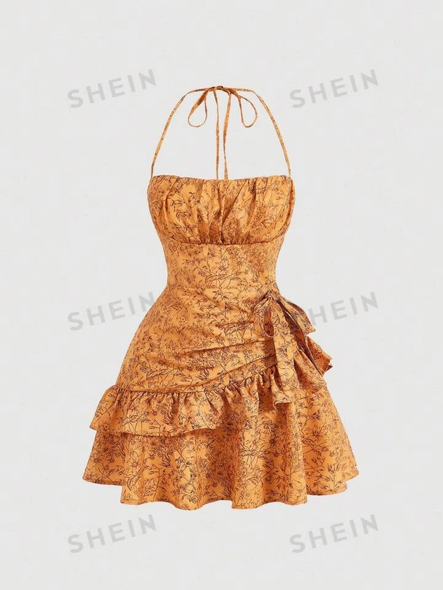 SHEIN MOD Women's Printed Halter Neck Pleated Dress | SHEIN USA