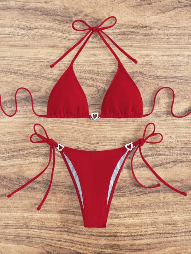 SHEIN Swim Basics Heart Shaped Halter Triangle Bikini Swimsuit