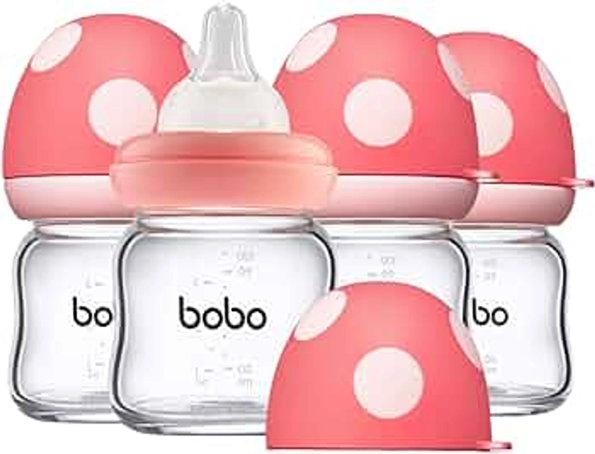 Natural Glass Baby Bottle with Natural Response Nipple, Newborn Anti-Colic Baby Bottles, Wide Neck Mushroom Cap Baby Bottle, Clear (3.4oz (Pack of 4), Red)