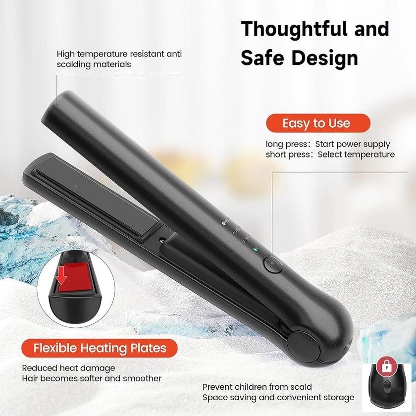 Cordless Hair Straightener, Portable Flat Iron 3 Temperature Options and 20S Fast Heating, Long-Life Battery Ceramic Hair Straightener, Travel Size USB Rechargeable - Black