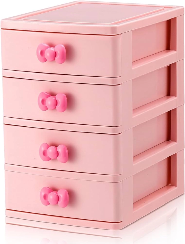 Tatuo Lovely Receiving Storage Cabinets Kawaii Makeup Organizer with 4 Layers Cute Storage Cabinet Box with Bow Handle Plastic Desktop Storage Box for Home Bedroom Bathroom Women Girl Gifts (Pink)