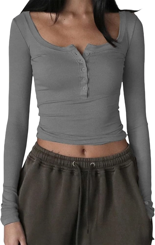 Women Y2k Long Sleeve Ribbed Slim Fit Crop Top Casual Crew Neck Basic Blouse Pullover Streetwear