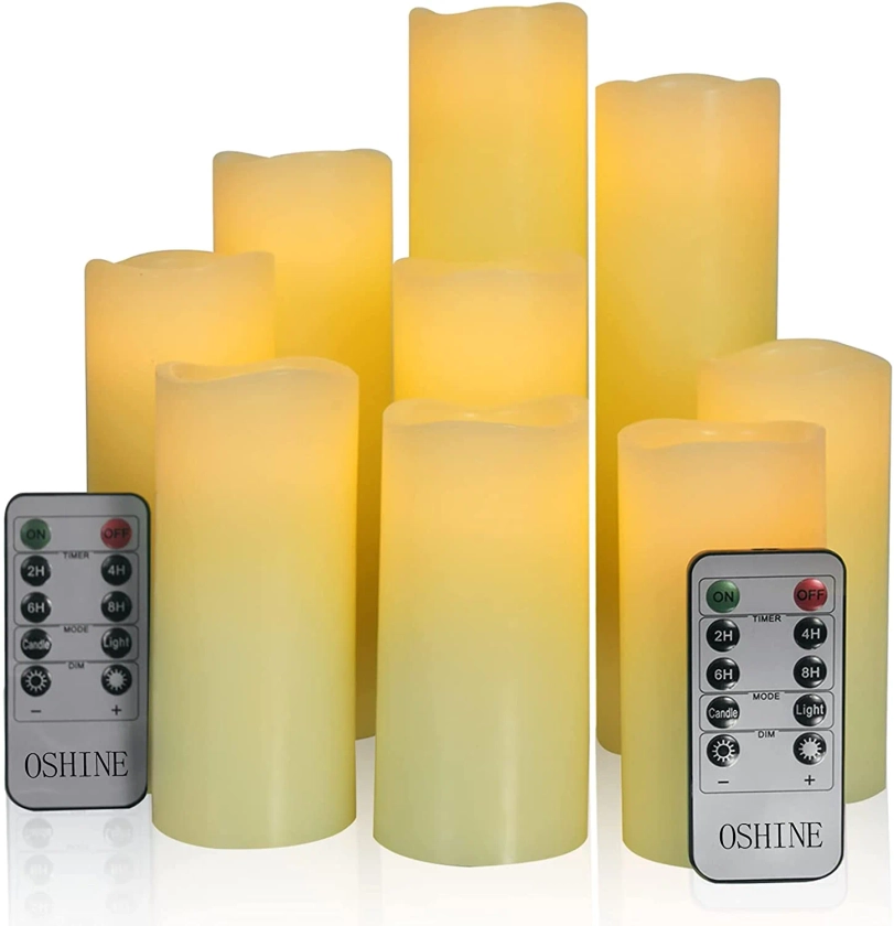 OSHINE 9-Pack Flameless Candles Real Wax LED Pillar Candles Battery Operated Candles Electric Ivory Candles Flicker Lights Votive Timing With Remote 300+ Hours