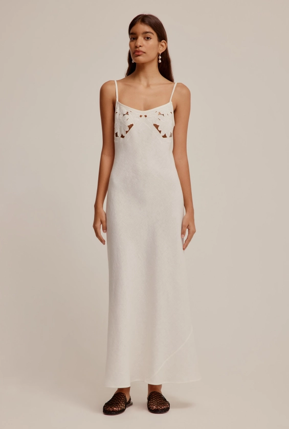 Venroy - Womens Womens Linen Embroidered Slip Dress in White | Venroy | Premium Leisurewear designed in Australia