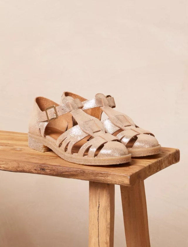 Sandales Plates pour Femme en Cuir veau velours Doré - Modèle Célestine