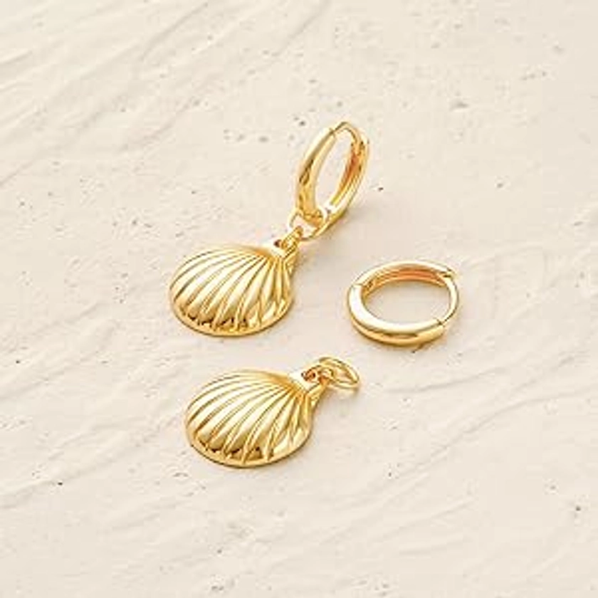 MYEARS Women Clam Shell Earrings Gold Huggie Hoop Dangle Drop 14K Gold Plated Small Simple Minimalist Hypoallergenic Everyday Summer Beach Jewelry