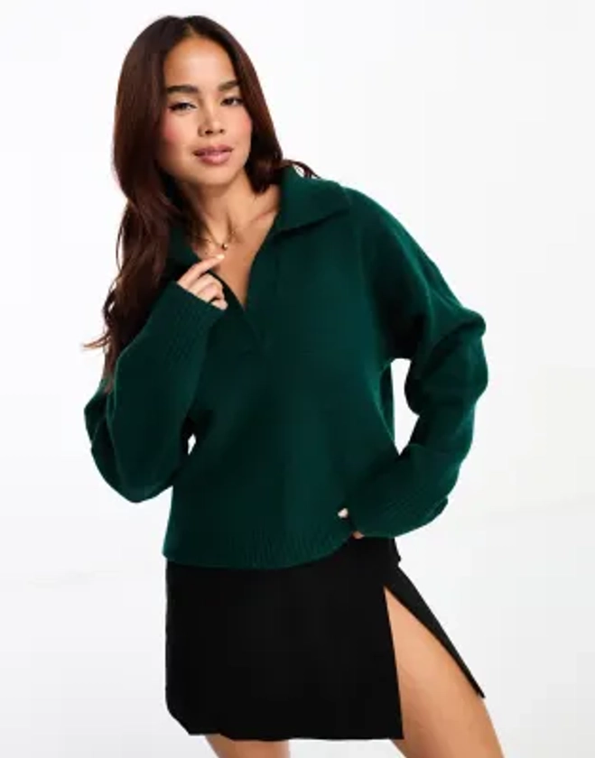 Monki long sleeve collar knitted sweater in dark green | ASOS