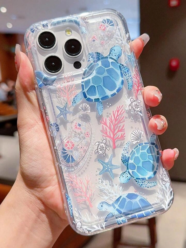 Summer 1pc Cool Ocean Turtle Pattern Transparent TPU Shock-Absorption Phone Case