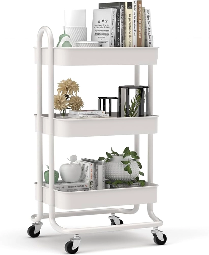 Hapiclody 3 Tier Utility Cart, Metal Rolling Cart with Wheels and Handle, Multi-Function Art cart Organizer Storage Cart for Bathroom, Office, Bedroom, Kitchen, Laundry, Art Room(White)