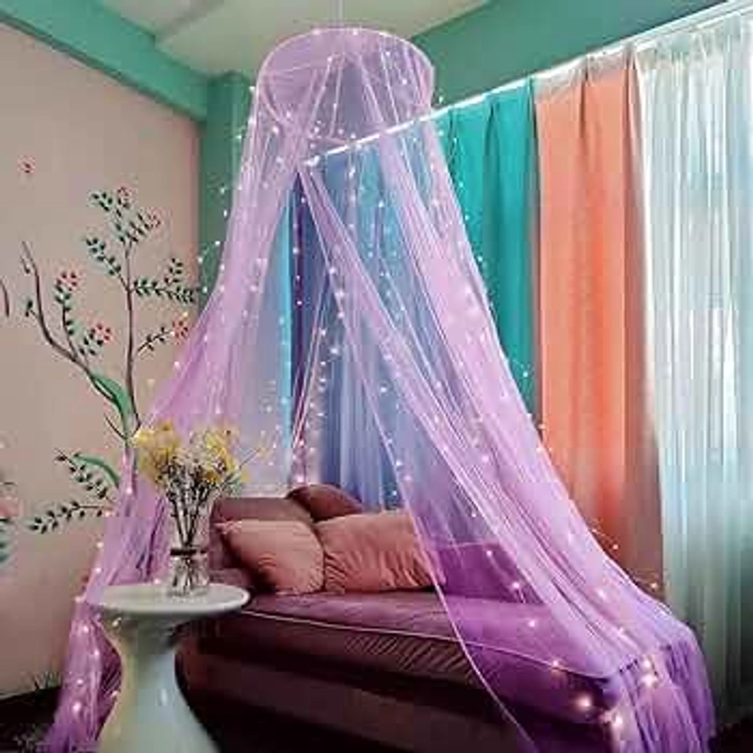 Eimilaly Bed Canopy Mosquito Net with 250pcs Warm White Curtain Lights, Bed Canopy for Girls Room Decor or Theme Party, Purple/Warm White Lights