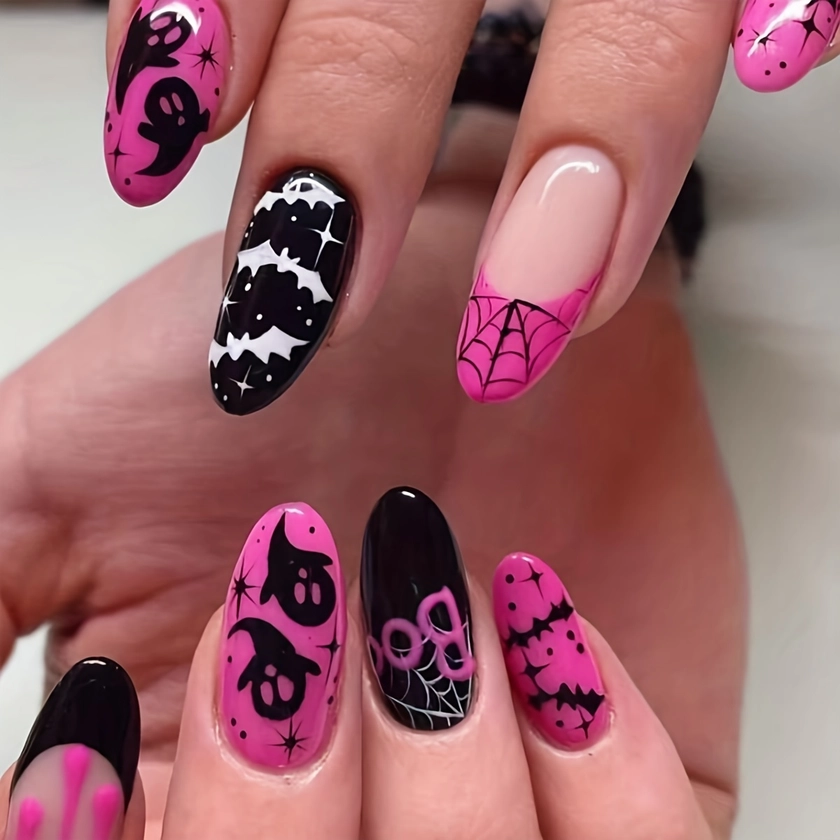 24PCS Halloween Press On Nails Hot Pinkish False Nails Spider Web, Ghost With Design Sweet Cool Short Oval * Nails, Jelly Glue And Nail File Includ