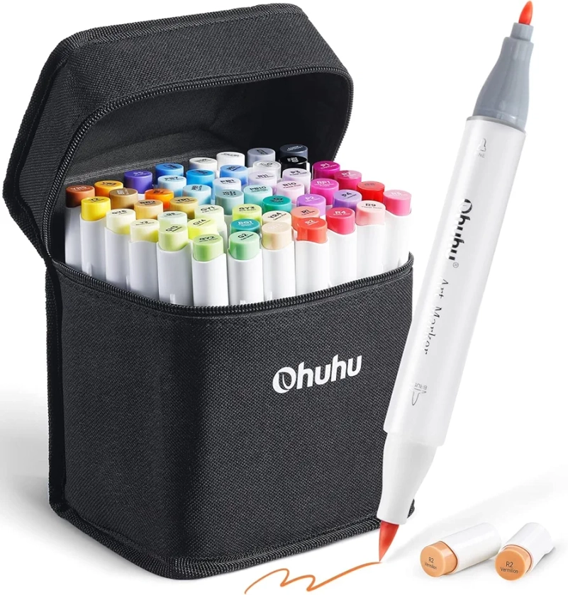 Ohuhu 48-Color Alcohol Brush Marker Set - Dual-Tip Art Markers for Adult Coloring and Illustration with Refillable Ink