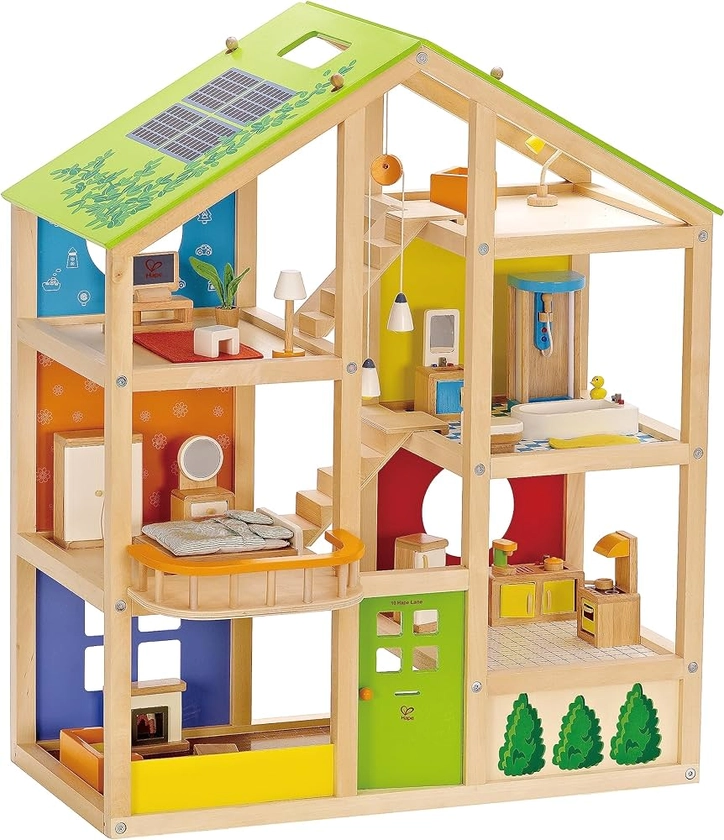 Hape All Season House (Furnished)| Award-Winning 3-Storey Dolls House Toy with Furniture, Accessories, Movable Stairs and Reversible Season Theme