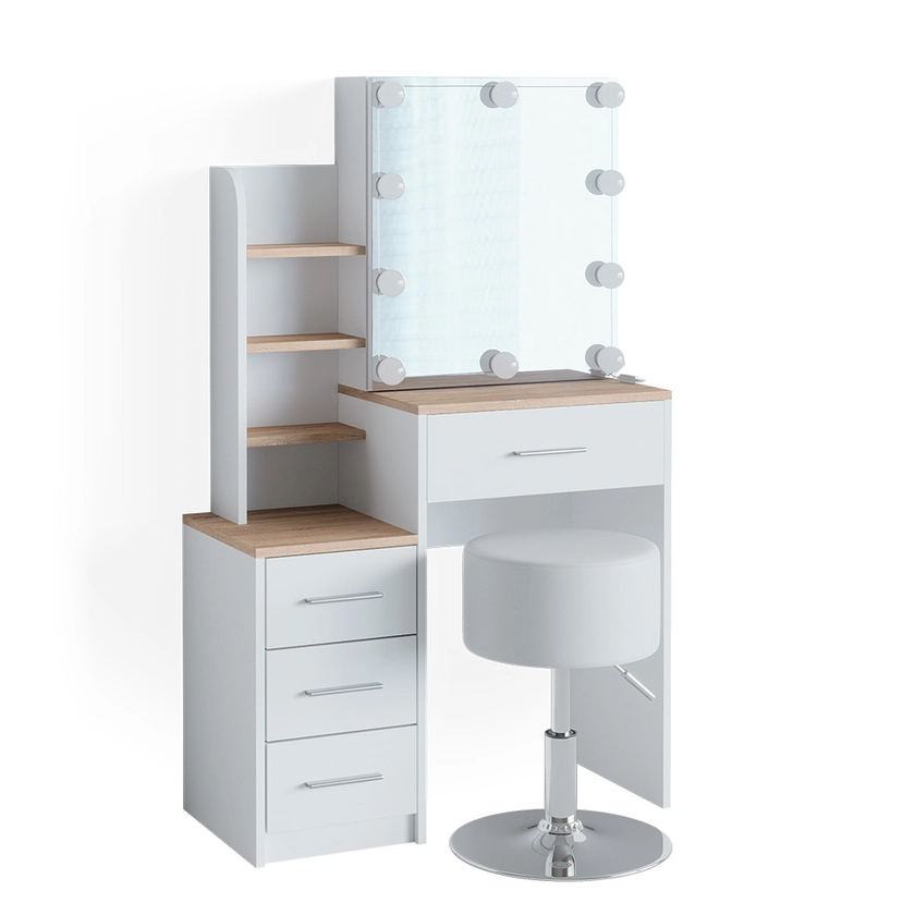 Vicco Kaptafel Wit/Sonoma 80 cm met LED-verlichting en kruk, Conrada