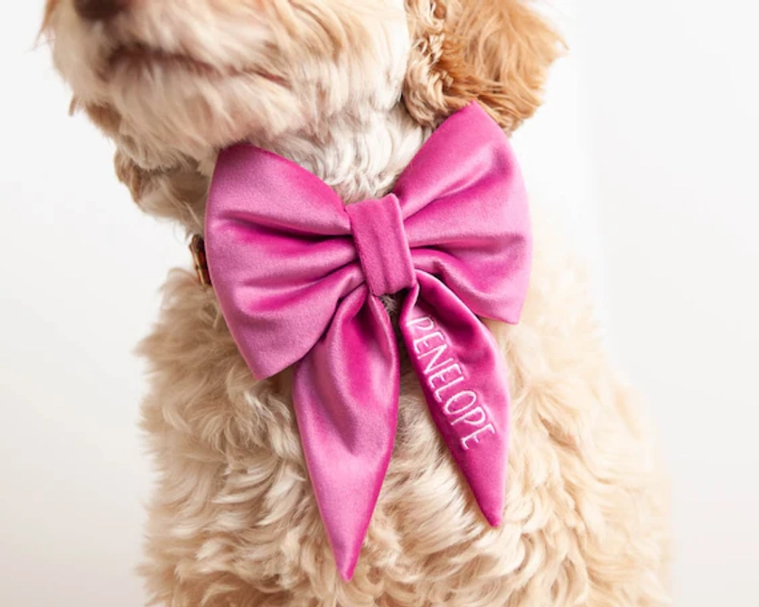 Hot Pink Dog Bow w/ Embroidery, Personalized Velvet Collar Bow, Dog Sailor Bow, Dog Bowtie, Bow for Dog Collar | Embroidery: Up to 7 Letters