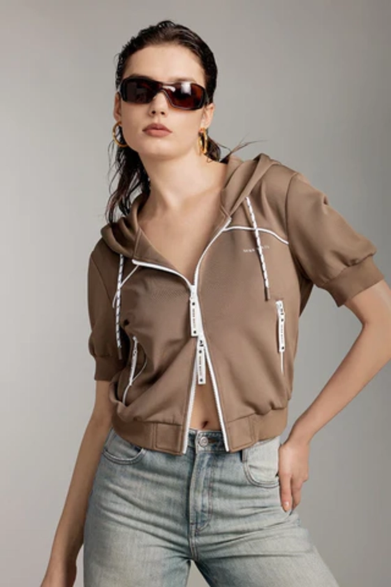 Hooded Double Zipper Cropped Sweatshirt