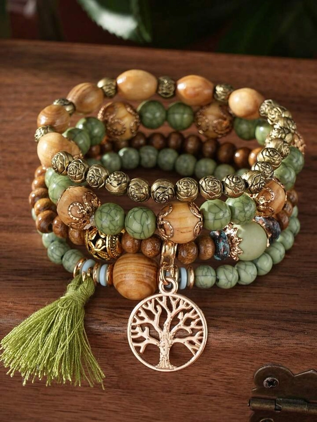 4 Pieces/Set Bohemian Style Tassel Tree Of Life Pendant Multi-Layered Wood Bead Beaded Bracelet
