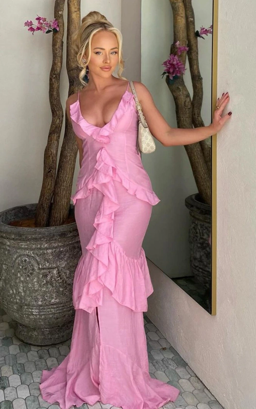 Tall Pink Textured Frill Maxi Dress | Tall