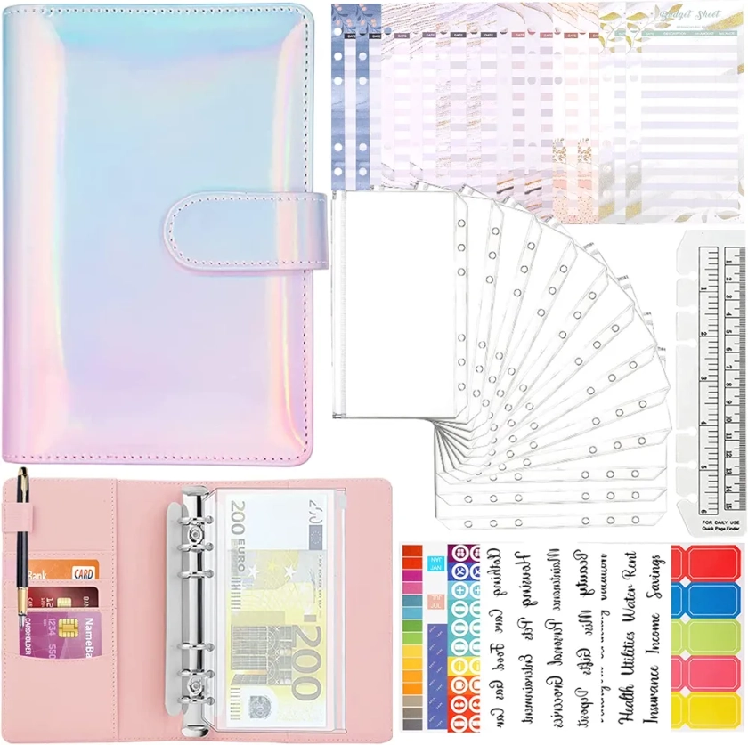 BEYAOBN Classeur A6 enveloppe budget, 33pcs PU Cuir Couverture, Porte Documents Multifonctionnel avec Pochettes Transparentes Zippées Dossier, feuilles budgétaires, Règle, Autocollants