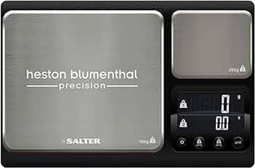 Heston Blumenthal Precision by Salter 1049A HBBKDR Digital Kitchen Scale – Dual Electronic Baking Scale, Large 10kg Platform, Small 200g Precision Platform, Add & Weigh Tare Function, Stainless Steel