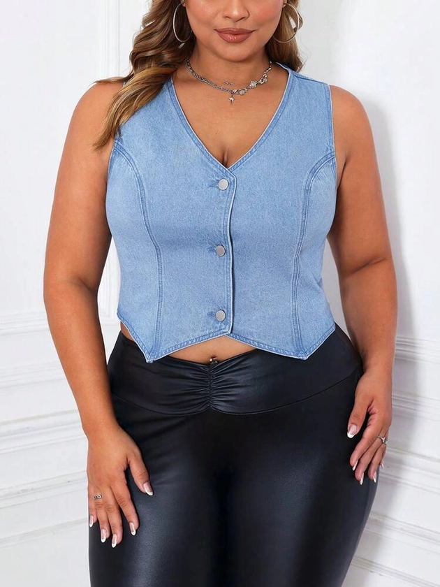 SHEIN CURVE+ Chaleco informal suelto sin mangas de talla grande de mezclilla azul