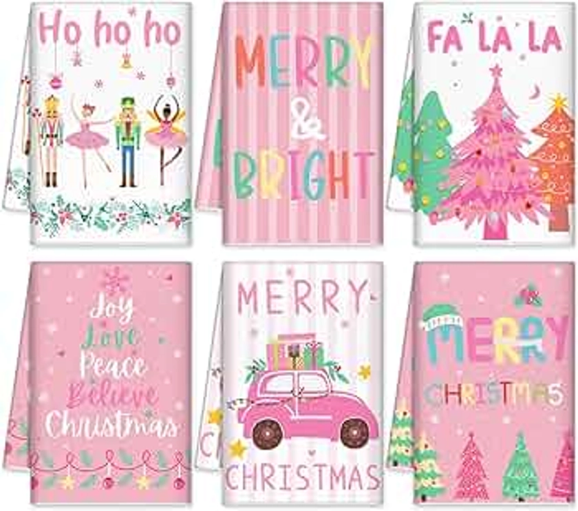 FuWeave 6 Pcs Pink Christmas Kitchen Towels Nutcracker Ballet Xmas Dish Towels 15.8 x 23.6 Inch Decorative Christmas Tree Hand Towel Farmhouse Tea Towel Kitchen Decor for Winter Housewarming Gift