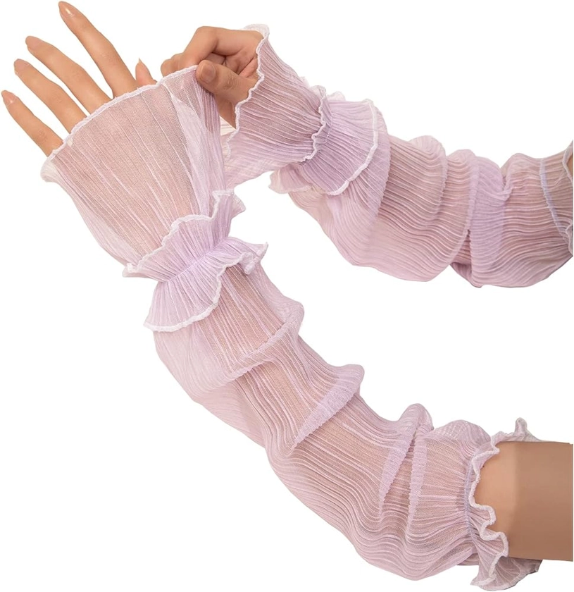 GORGLITTER Women's Mesh Sheer Ruched Arm Sleeves Ruffle Hem Gloves